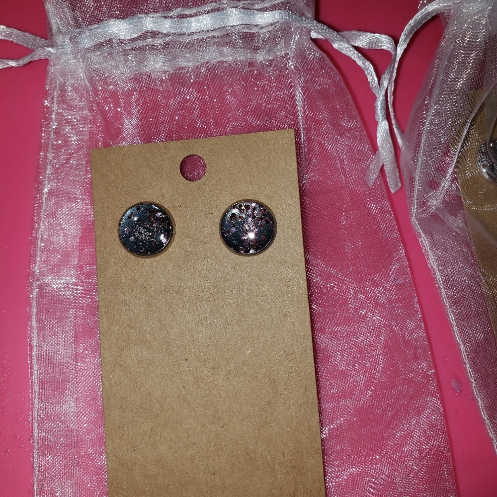 3 pairs of pink sparkle stud earrings